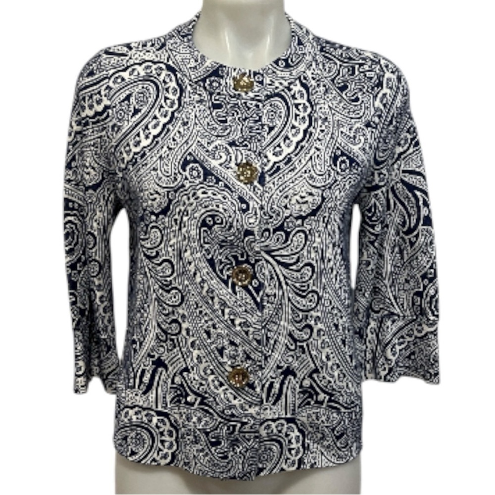 J.McLaughlin blue & white paisley 3/4 sleeve cardigan 
Size small NWOT